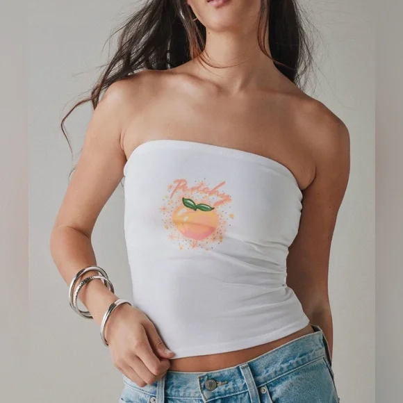 Urban Outfitters White Tube Top with Peach Graphic - Picture 1 of 1